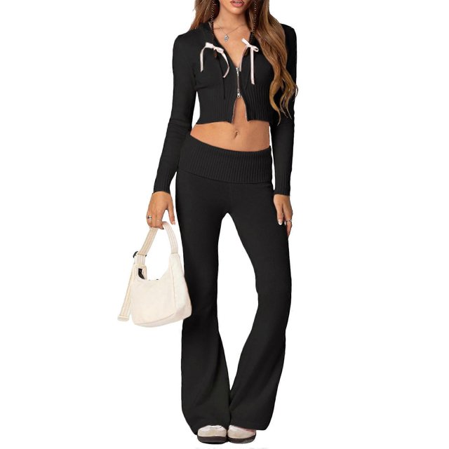 Christmas Women Y2k Knit 2 Piece Outfits Long Sleeve Zip Up Hooded Crop Sweater And Pants Tracksuit Lounge Set