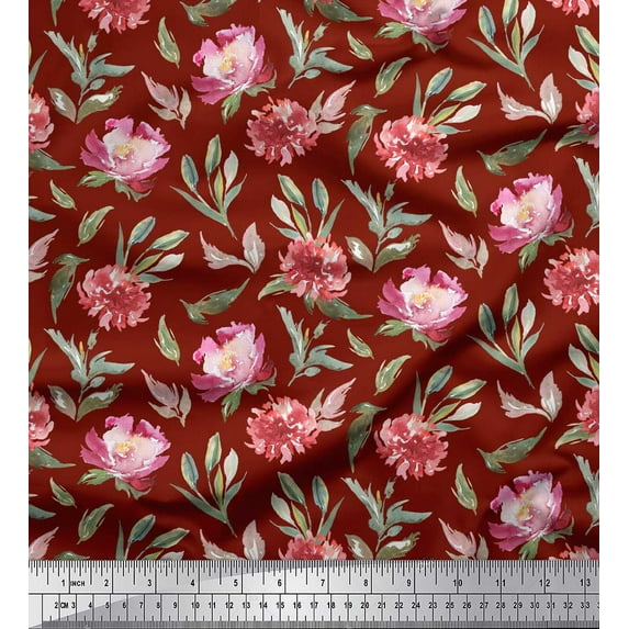 Soimoi Red Rayon Fabric Leaves & Peony Floral Print Fabric by Yard 56 Inch Wide