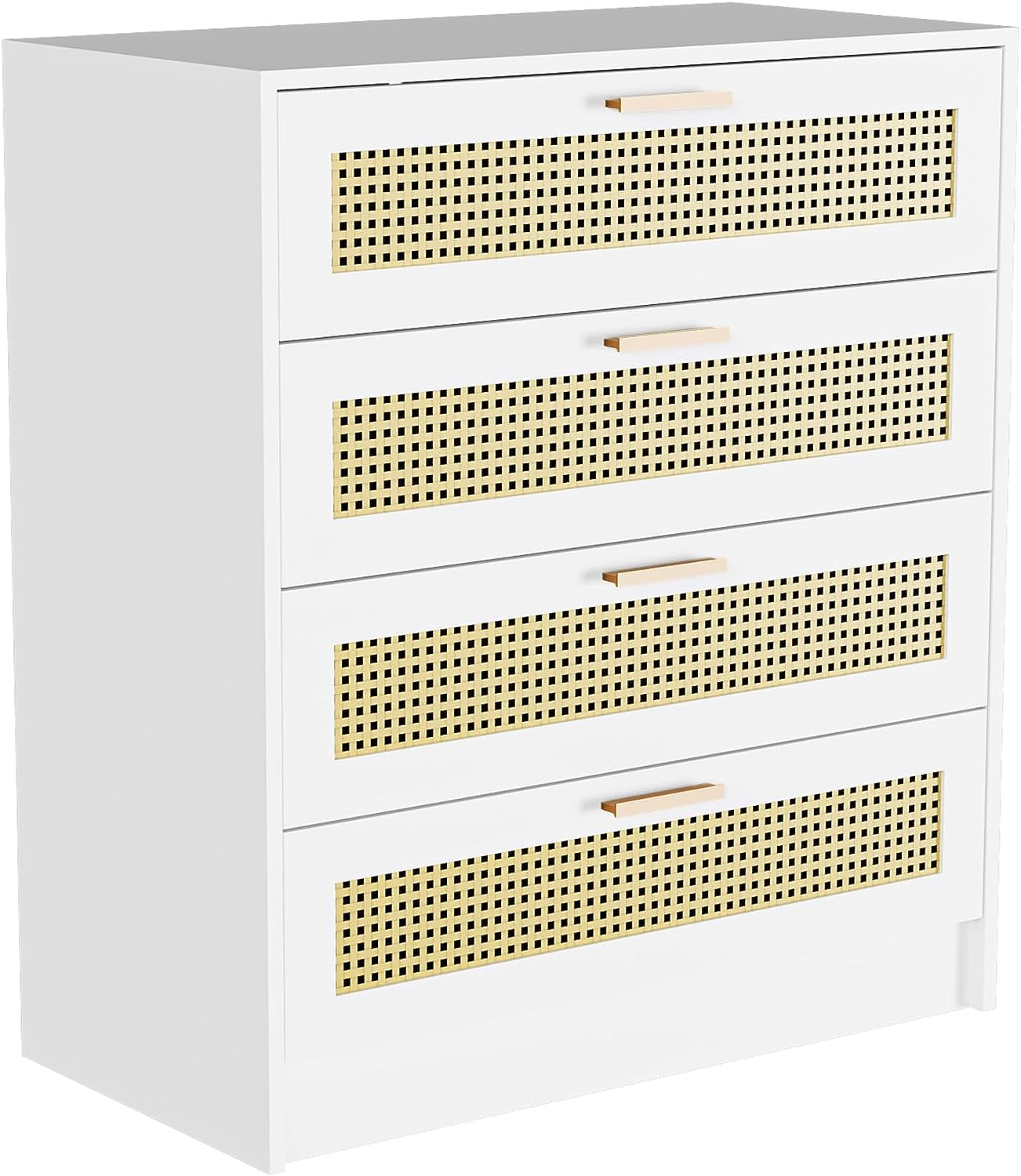 Cozy Castle Boho 4 Drawer Dresser, Wooden Chest of Drawers with Metal Handles, Modern Rattan Dresser for Bedroom, White