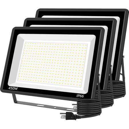 450 Watt Floodlight Outdoor with Plug, Ultra Bright Safety Light, 66 Waterproof Outdoor Floodlight, 5000 Daylight White Floodlight Suitable for Stadiums, Parking Lots, Construction Sites (3-Pack)