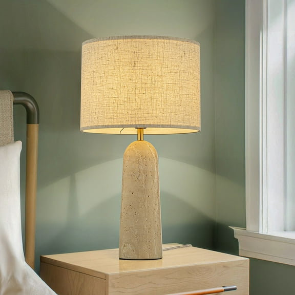 1-Light Classic Table Lamp with Natural Travetine Stone Base and Beige Fabric Drum Shade