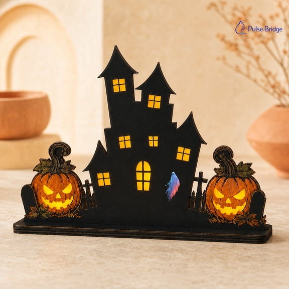 Haunted House Decor Halloween Wooden Block Decor Wood Tabletop Pumpkin Centerpiece