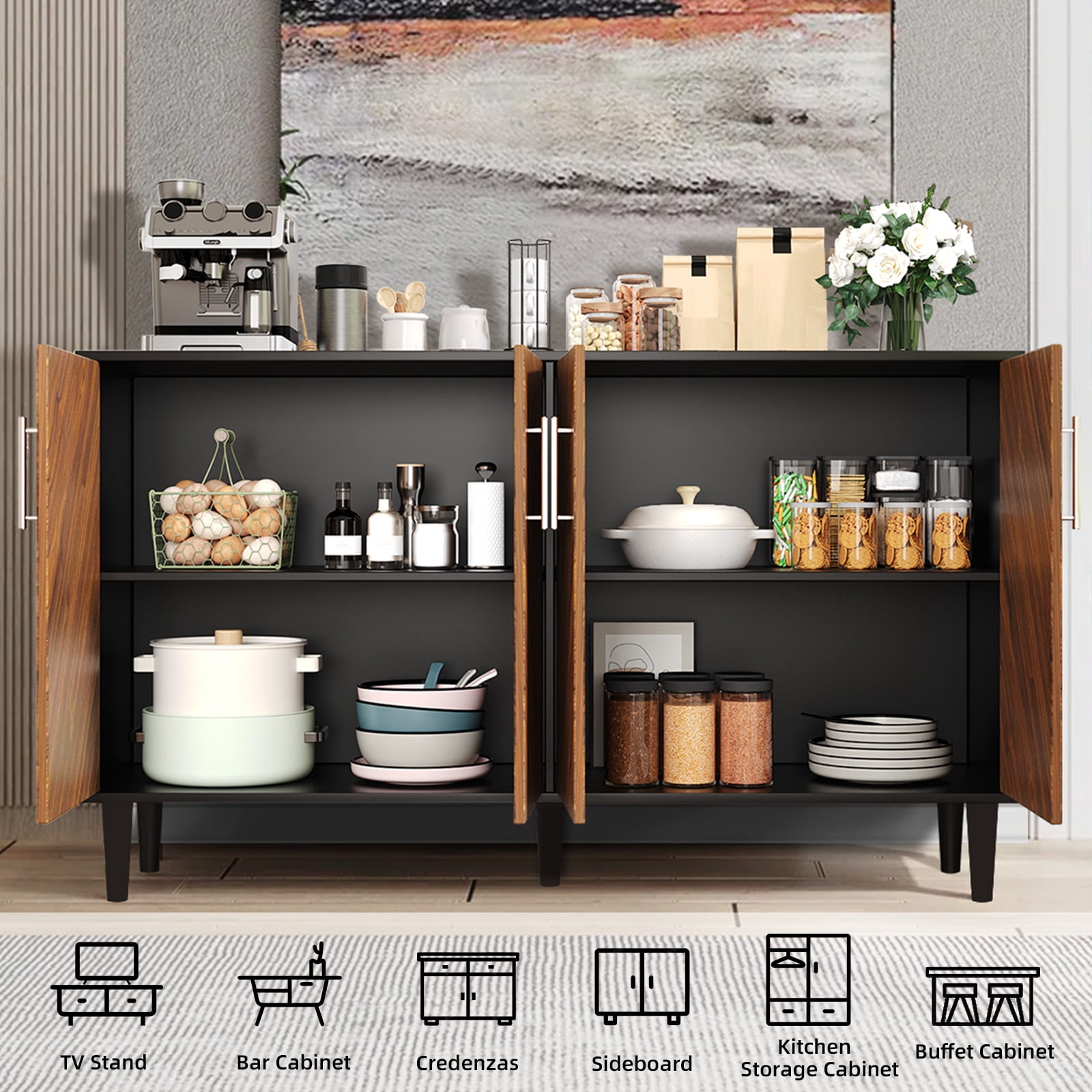 4 EVER WINNER 58" Buffet Cabinet with Storage, Vintage Sideboard with Adjustable Shelves & Metal Handle, Mid Century Modern Coffee Bar for Kitchen, Dining Room, Black