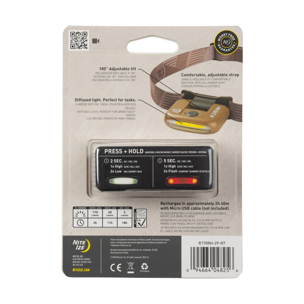 Nite Ize Radiant Rechargeable Headlamp 170 Lumens Durable 4-Modes Coyote Color
