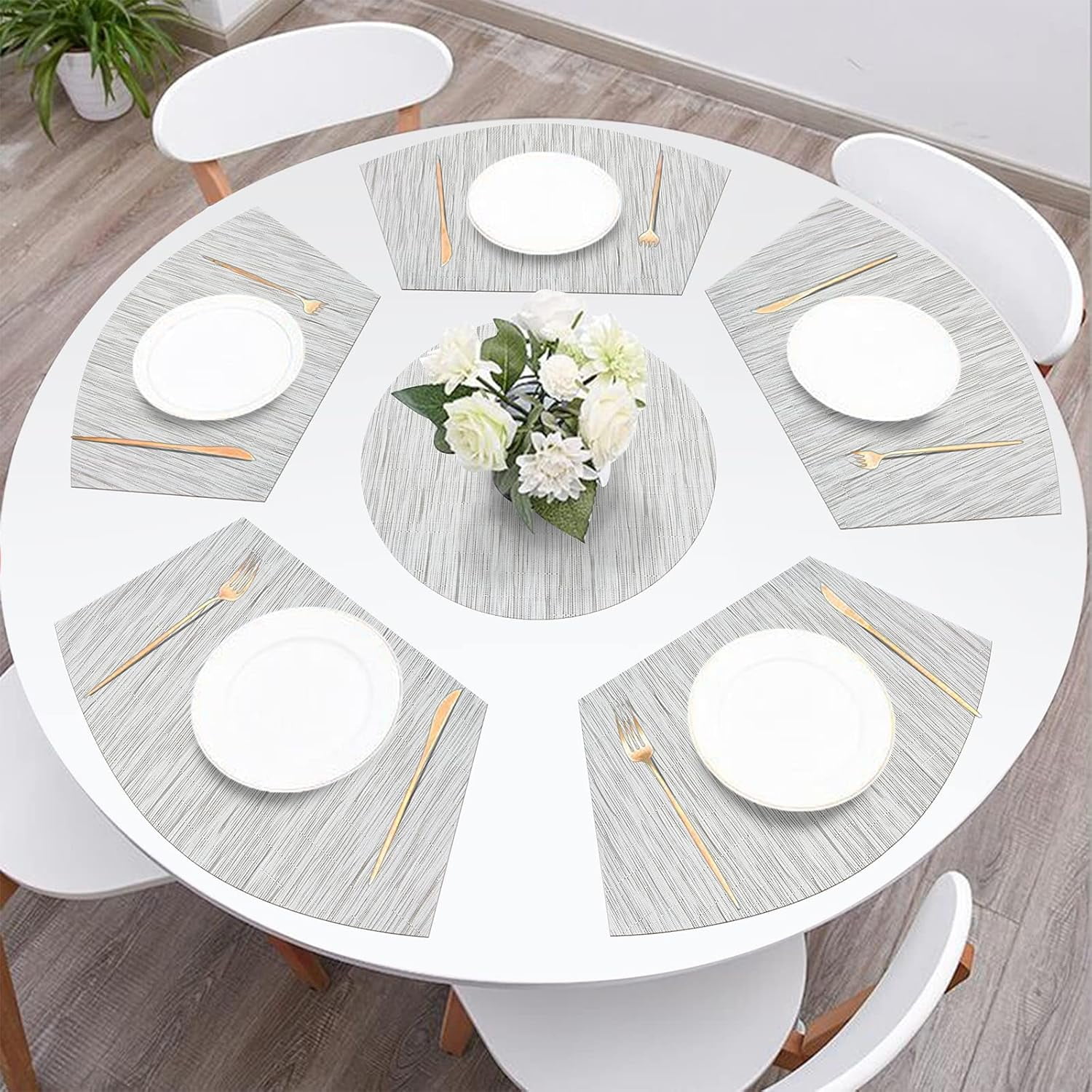 Round Table Placemats Set of 4 Wedge Shape Placemat Woven Vinyl Place Mats Heat Resistant Wipe Clean Dining Table Mats Home Table Decor (4, Tan)