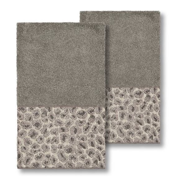 Authentic Hotel and Spa  Turkish Cotton Cheetah Jacquard Trim Dark Grey 2-piece Hand Towel Set