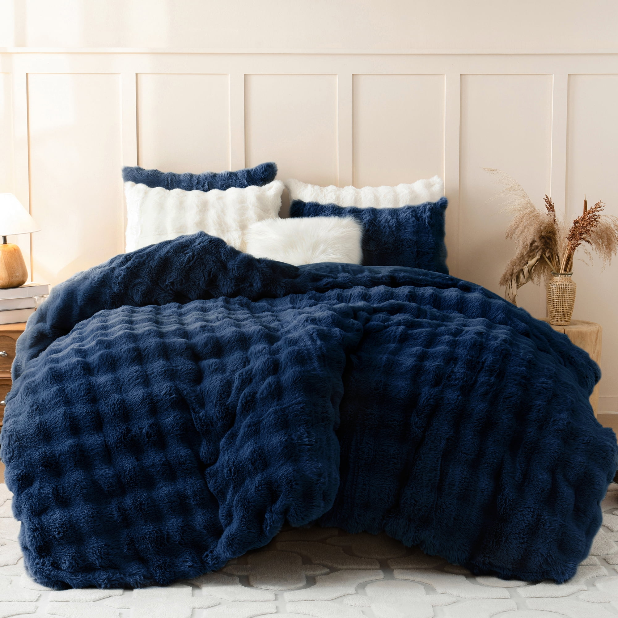 BLEUM CADE 3 Piece Fluffy Comforter Set King Size,Fuzzy Soft Faux Rabbit Fur Bedding Set,Shaggy Plush Duvet Cover Set with 2 Pillowcases,Navy Blue