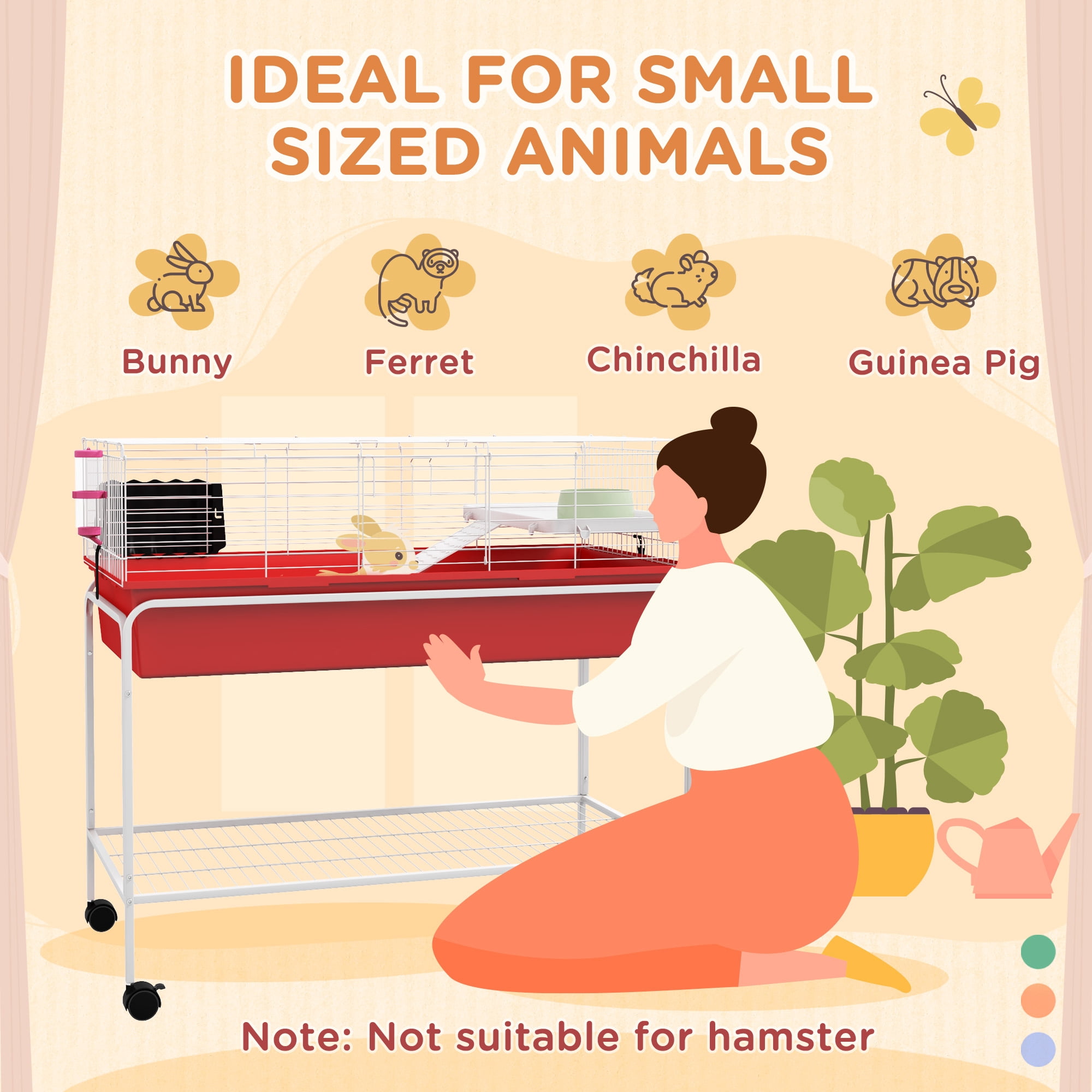 PawHut 39" Small Animal Cage Guinea Pig, Hedgehog, Ferret Pet Habitat, Red