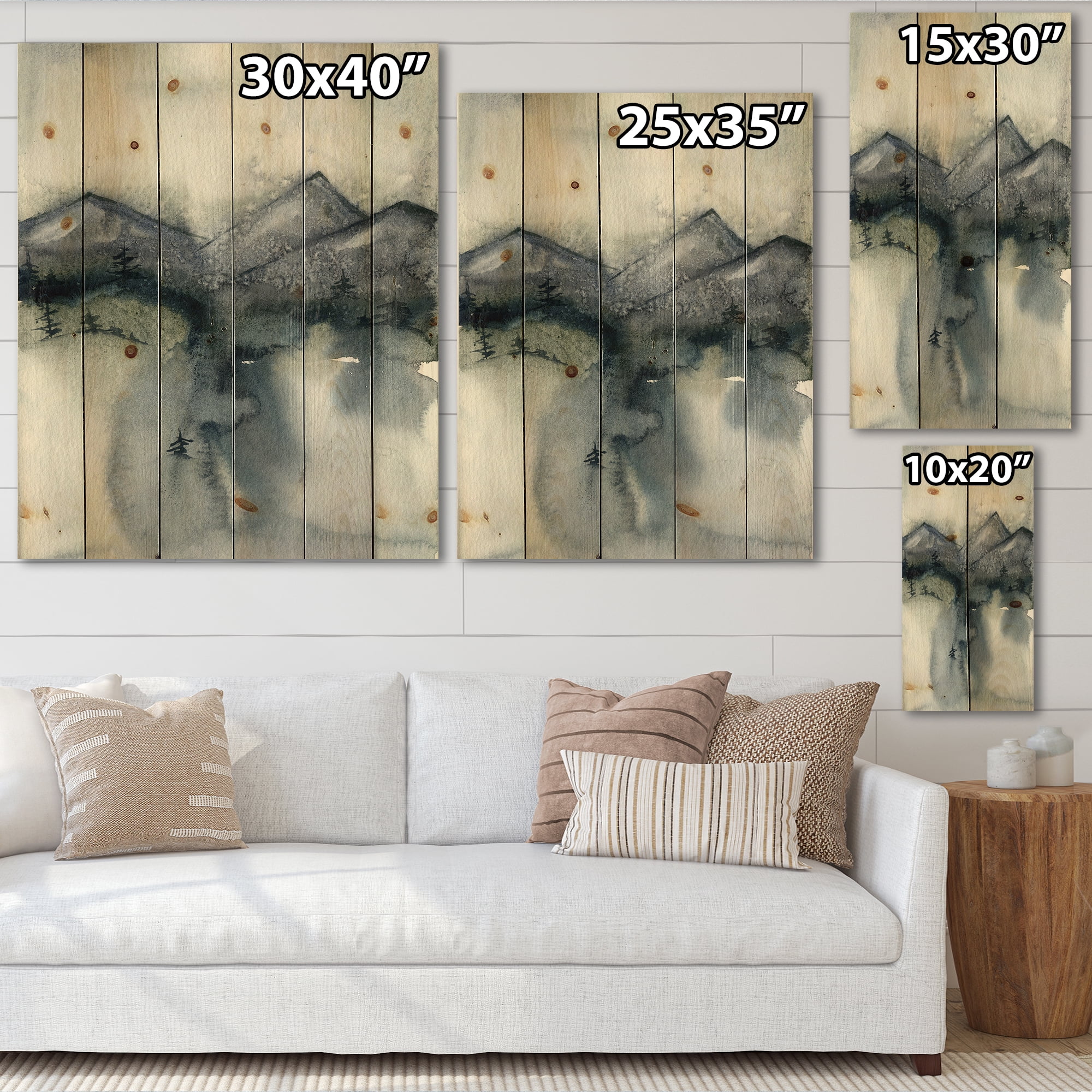 Designart 'Minimalistic Landscape of Mountains Snow and Trees' Modern Print on Natural Pine Wood