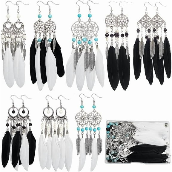1 Box 8 Pairs Earrings Making Kit Feathers Charm Bulk White Black Feathers Charms Earring Chandelier Charms Charms for DIY Making