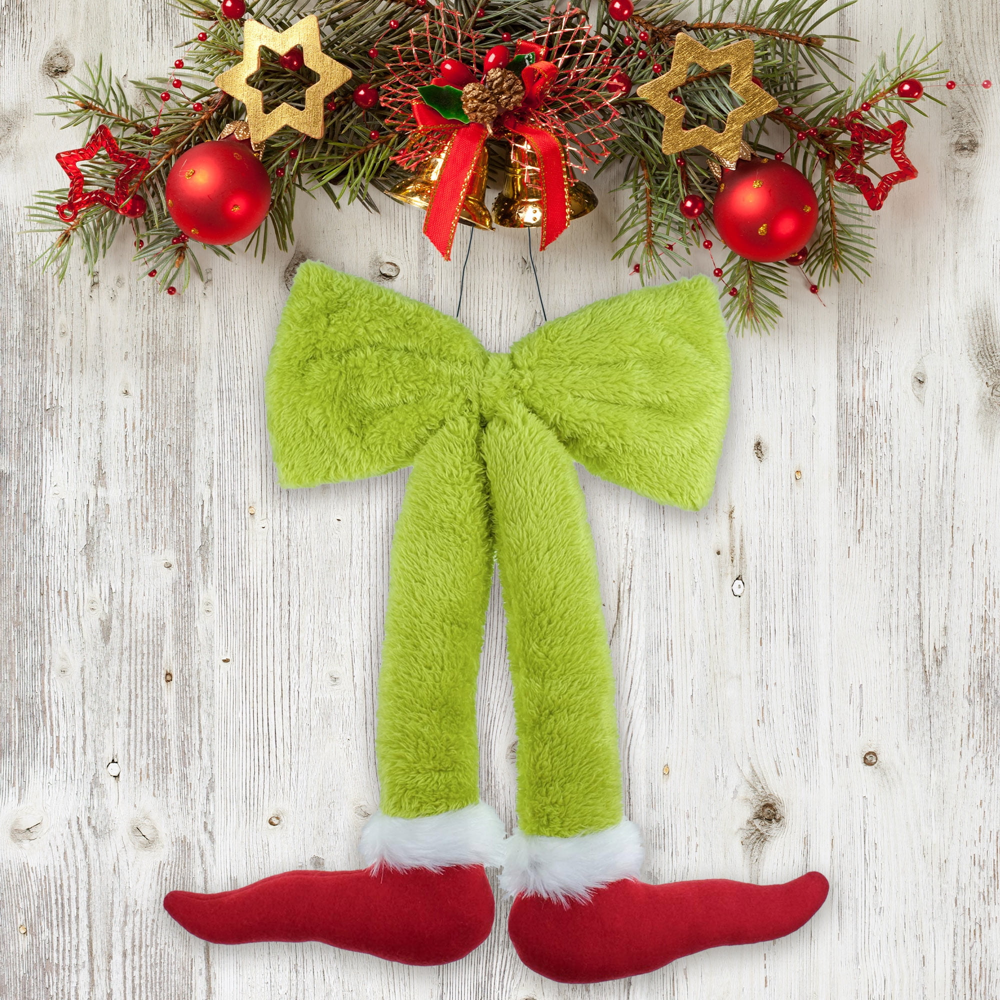 Dr. Seuss The Grinch Fuzzy Bow Hanging Decoration with Elf Shoes, 12‑Inch, How the Grinch Stole Christmas