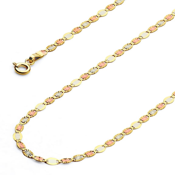 Wellingsale 14k Tri 3 Color Gold Polished Solid 2mm Flat Valentino Star Diamond Cut Chain Necklace - 18"