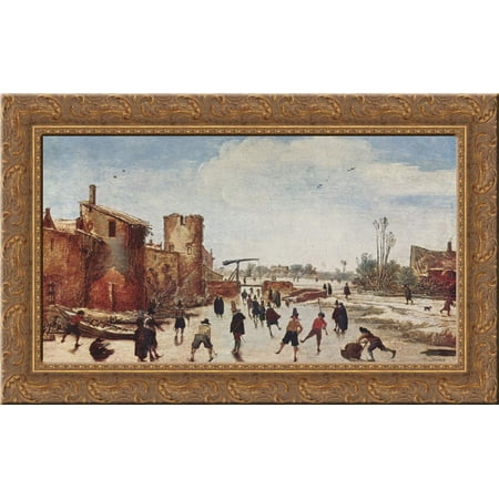 Ice on the moat entertainment 24x16 Gold Ornate Wood Framed Canvas Art by Esaias van de Velde