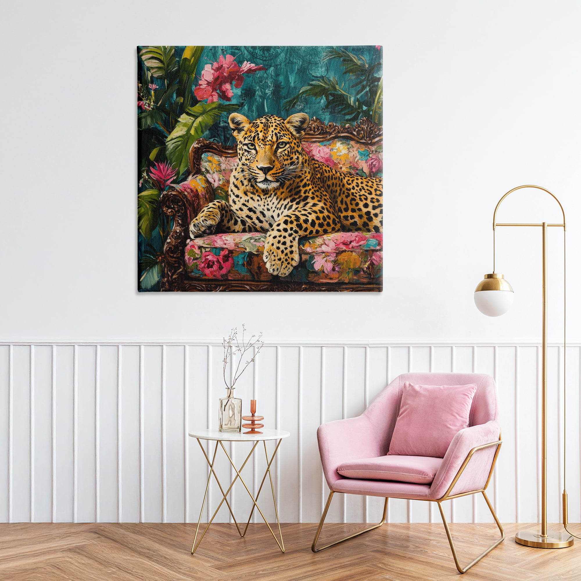Stupell Industries Fashionable Leopard on Floral Sofa Canvas Wall Art, design by Petal Prints Design