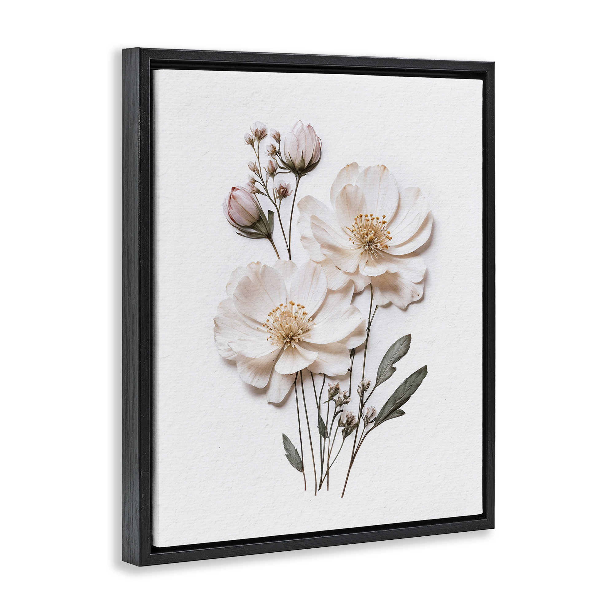 Elegant Pressed Flowers Black Framed Floater Canvas Wall Art, design by Lettered and Lined