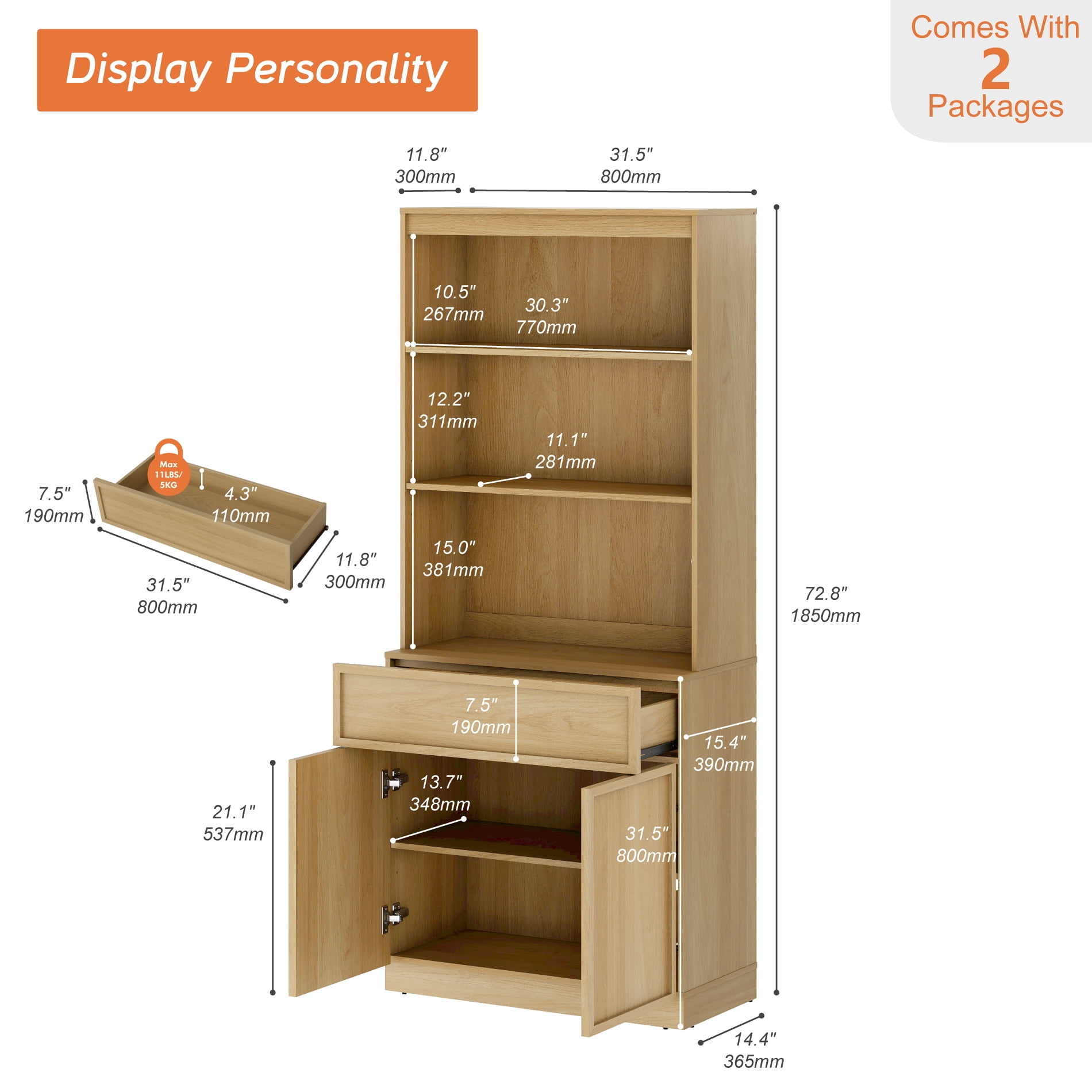 Modern 72" Tall Bookcase with Doors, Drawers & Adjustable Shelves, Wood Bookcase with Storage Cabinet and Open Shelving,Oak