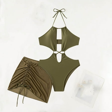 NTACZA Green Women s Plus Swim Bikini Tops Padded Bodysuit Halter Monokini Solid One-Piece Juniors Swimsuit Top L
