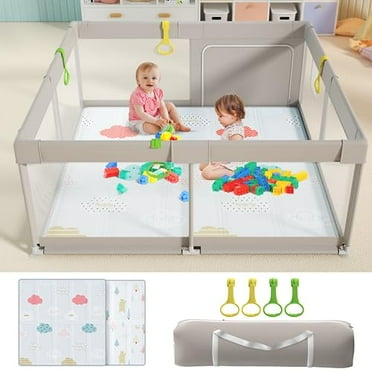 Open Box UANLAUO 59X59" BABY/ TODDLER PLAYPEN WITH MAT - GRAY/BEIGE