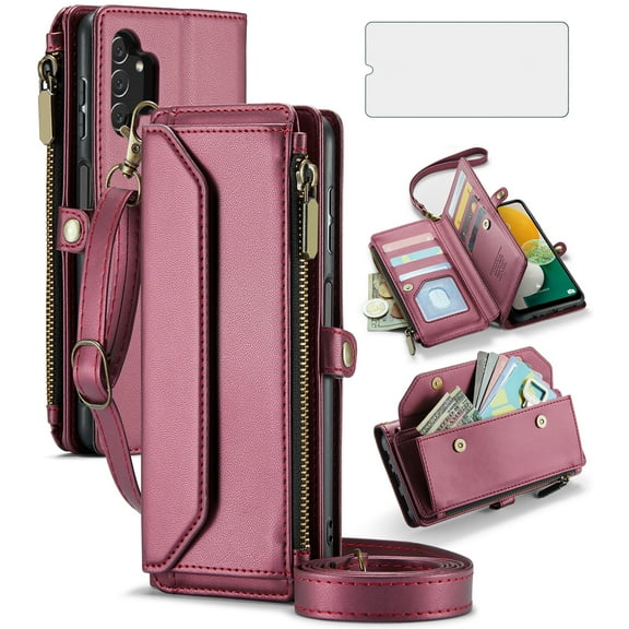 Compatible with Samsung Galaxy A13 5G Zipper Wallet Phone Case Tempered Glass Screen Protector Crossbody Lanyard Strap Flip Card Holder Slot Cell Cover for A04S M13 A 13 2022 13A A135G Women Wine Red