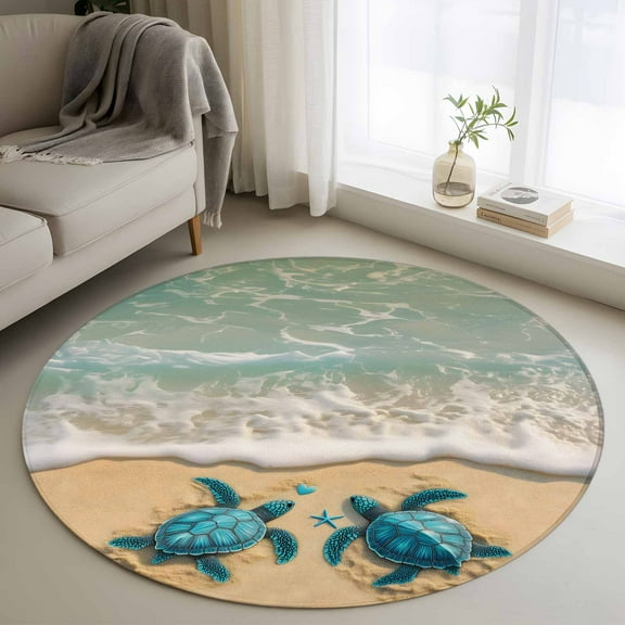 Coastal Turtle Round Rug 3ft Washable Circle Entryway Rugs Non Slip Summer Beach Nautical Ocean Waves Area Rug Indoor Floor Carpet for Bedroom Kitchen Living Room Home Office Dining Room Nursery