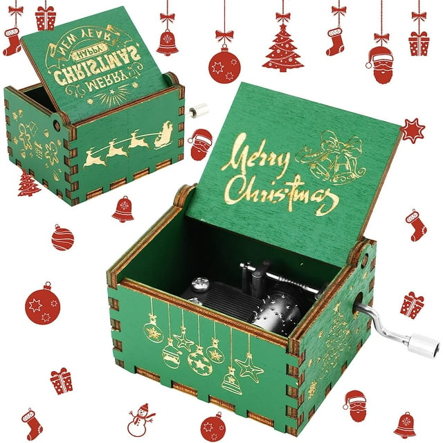 Caja de música de 1 pieza, mini caja de música de madera, decoración navideña, caja de música con manivela, caja de música creativa vintage tallada antigua, feliz para familiares y amigos ER