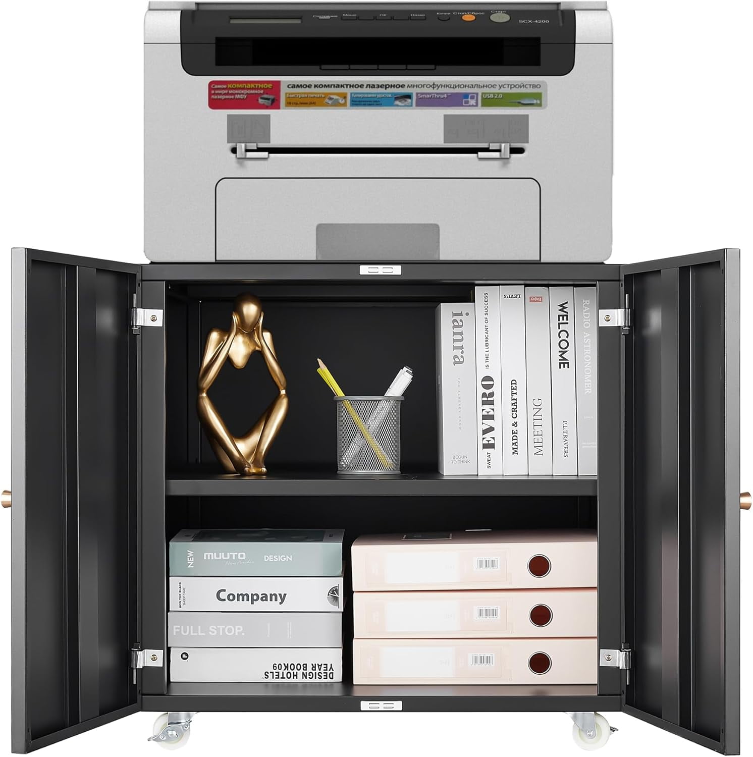 Metal Printer Stand with File Storage Cabinet, Printer Cabinet File Cabinet On Wheels with Door and Adjustable Shelf, Printer Table Stand for Home Office 23.62" H Black