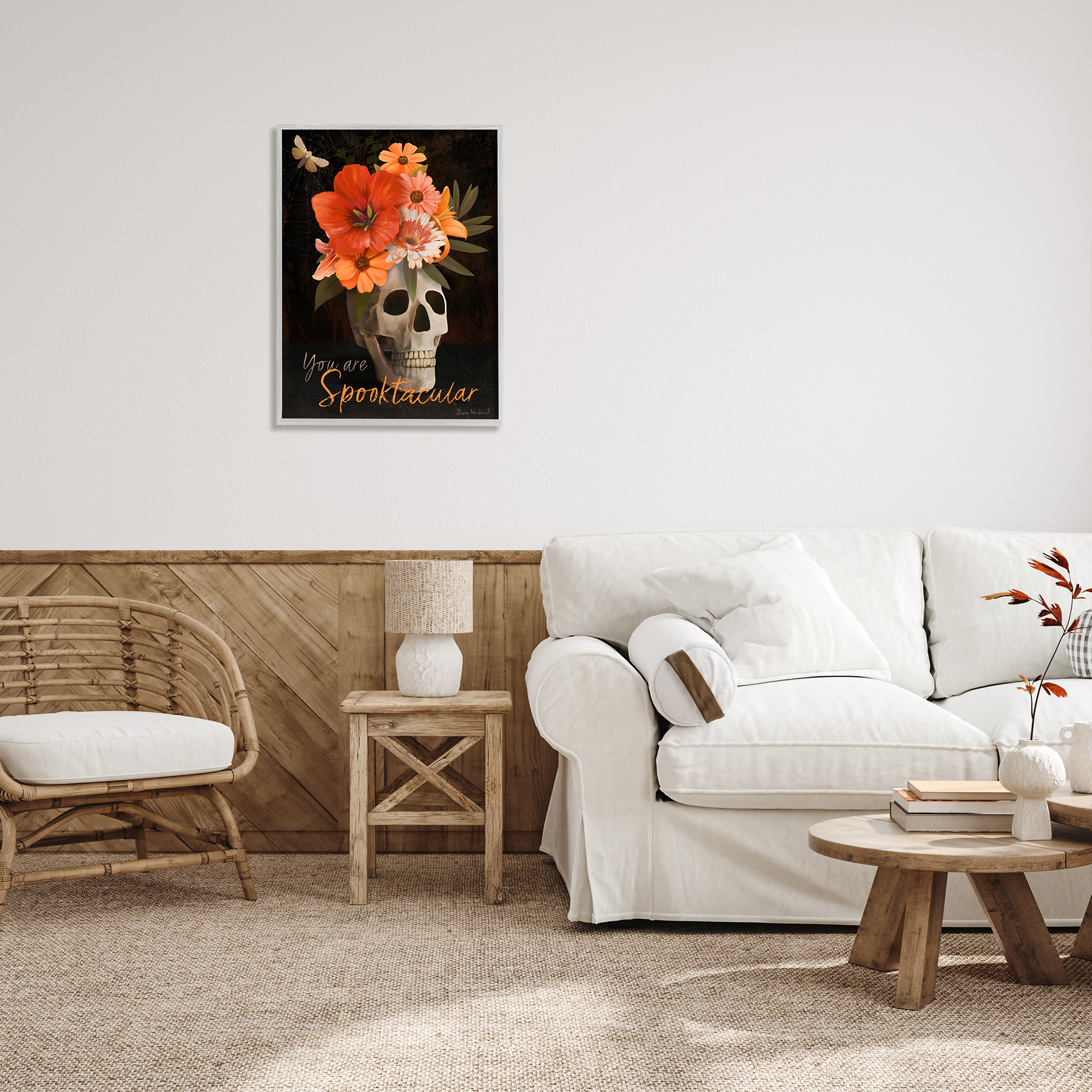 Stupell Industries Spooktacular Halloween Skull Flower Arrangement Spider Web Graphic Art Gray Framed Art Print Wall Art, Design by Diane Neukirch