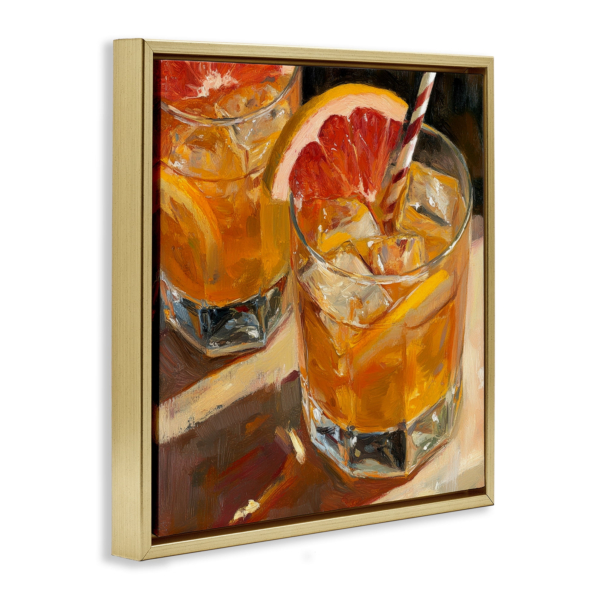 Stupell Industries Grapefruit Cocktail with Ice Cubes Gold Framed Floater Canvas Wall Art, design by Petal Prints Design