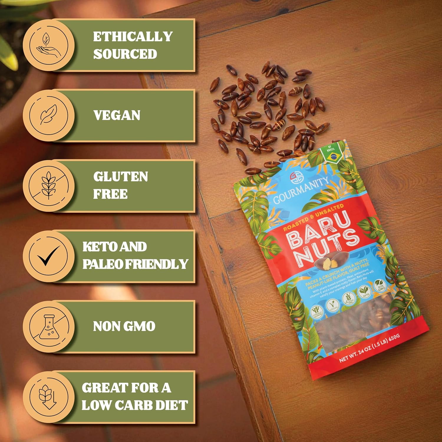 Gourmanity Brazilian Baru Nuts, Complex Nutty Flavor, High in Protein, Vitamin E and Omega 6 & 9, Roasted and Unsalted, 1.5 LB