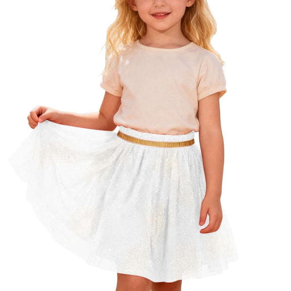 KHONTS Tutu Skirts for Girls Elastic Tulle Tutu Skirt with Sequin Stars Retro 80's Bubble Skirt,Size 2-12 Years White 150