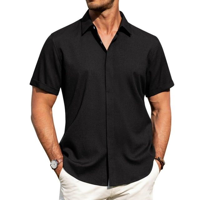 Camisa J.VER de lino de manga corta con botones para hombre, color negro, 4XL