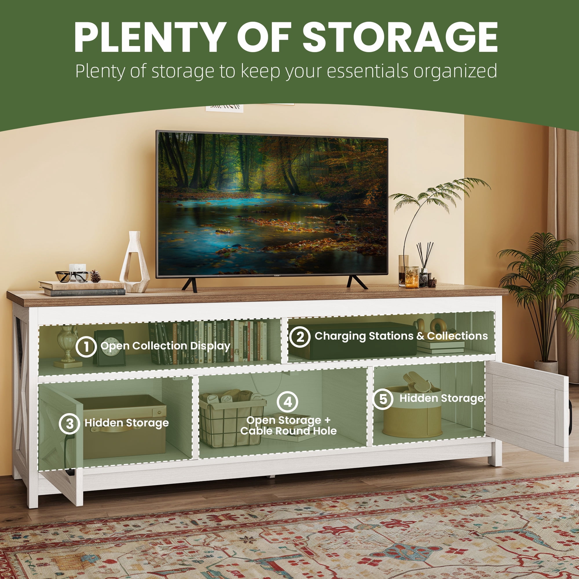 Uforic 65 Inch Farmhouse TV Stand Fits 70/75 Inch Flat Screen TV with RGB Ambient Light, Cable Holes, Built-in Power Station & Multi Storage Space for Living Room, Beige+White