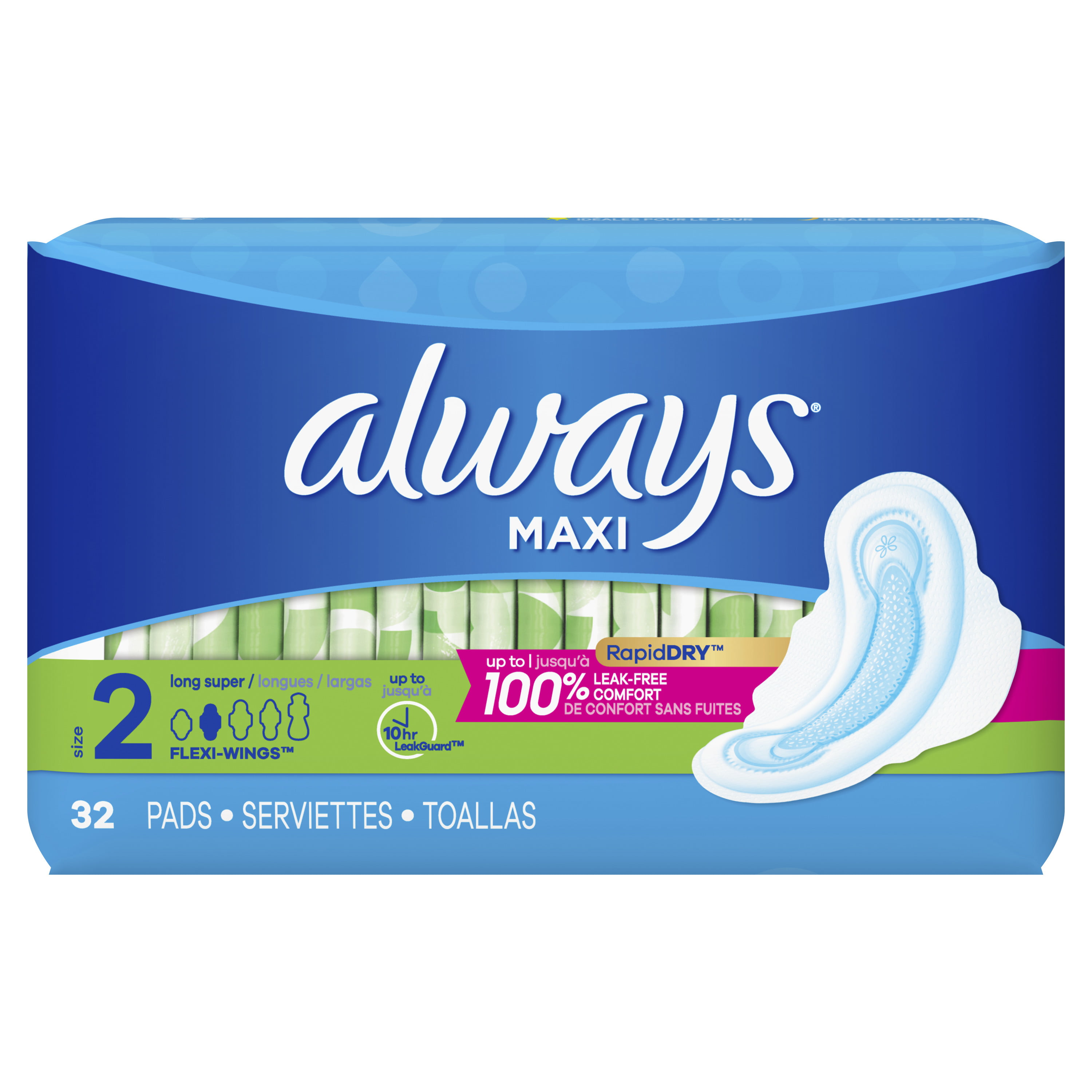 Always Maxi Pads Size 2 Long Super Absorbency Unscented with Wings, 32 ...