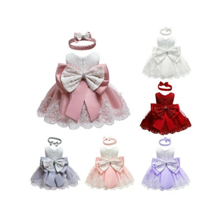 

Infant Baby Girls Princess Birthday Dresses Christening Gowns Lace Baptism Tutu Flower Wedding Party Bow Knot Headband Deluxe Dress