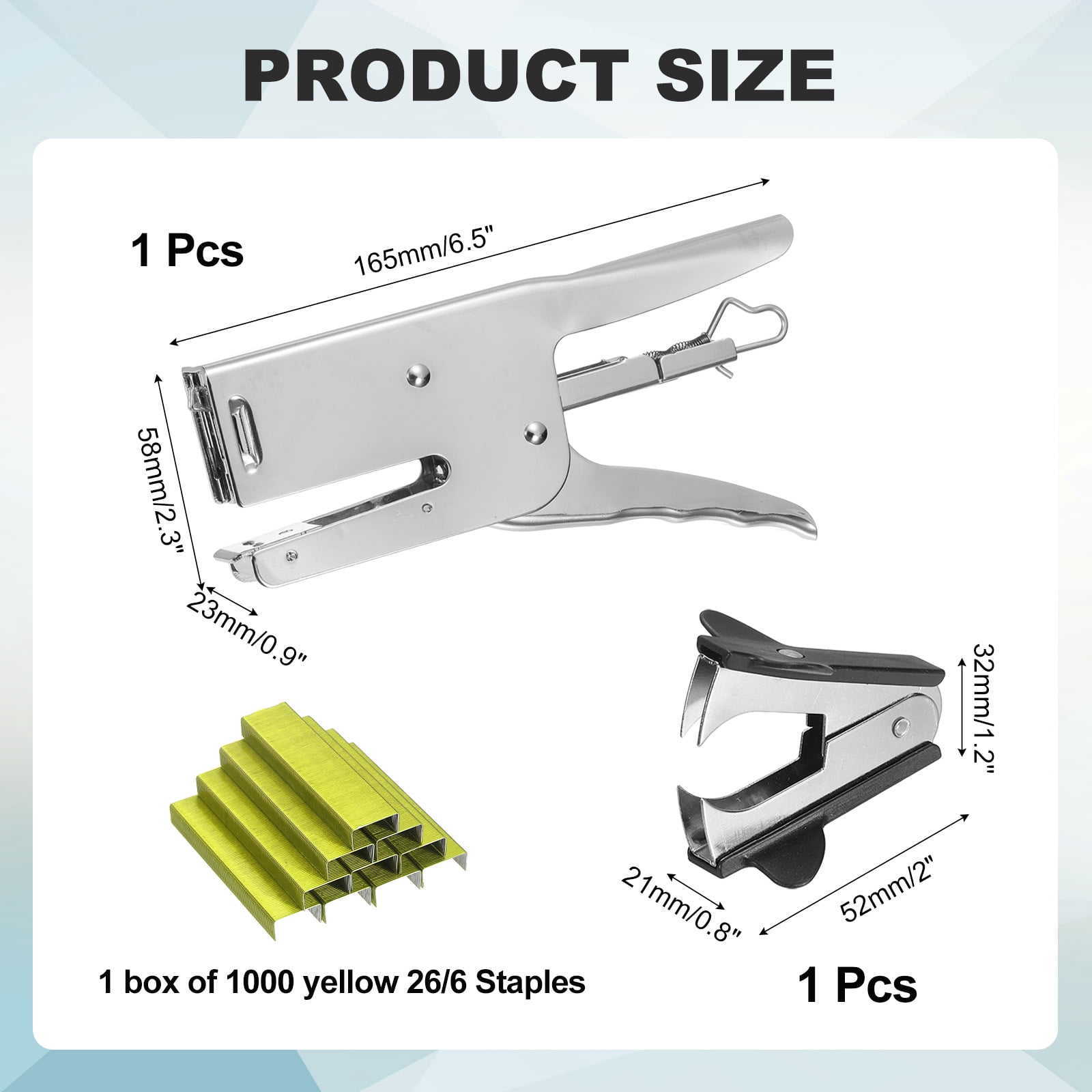 Desktop Stapler Heavy Duty, 1 Set Handheld Plier Stapler No Jam with Staples Remover and 1000 Yellow 26/6 Staples Set for Office Supplies Workplace Paperwork Cardboard, Silver