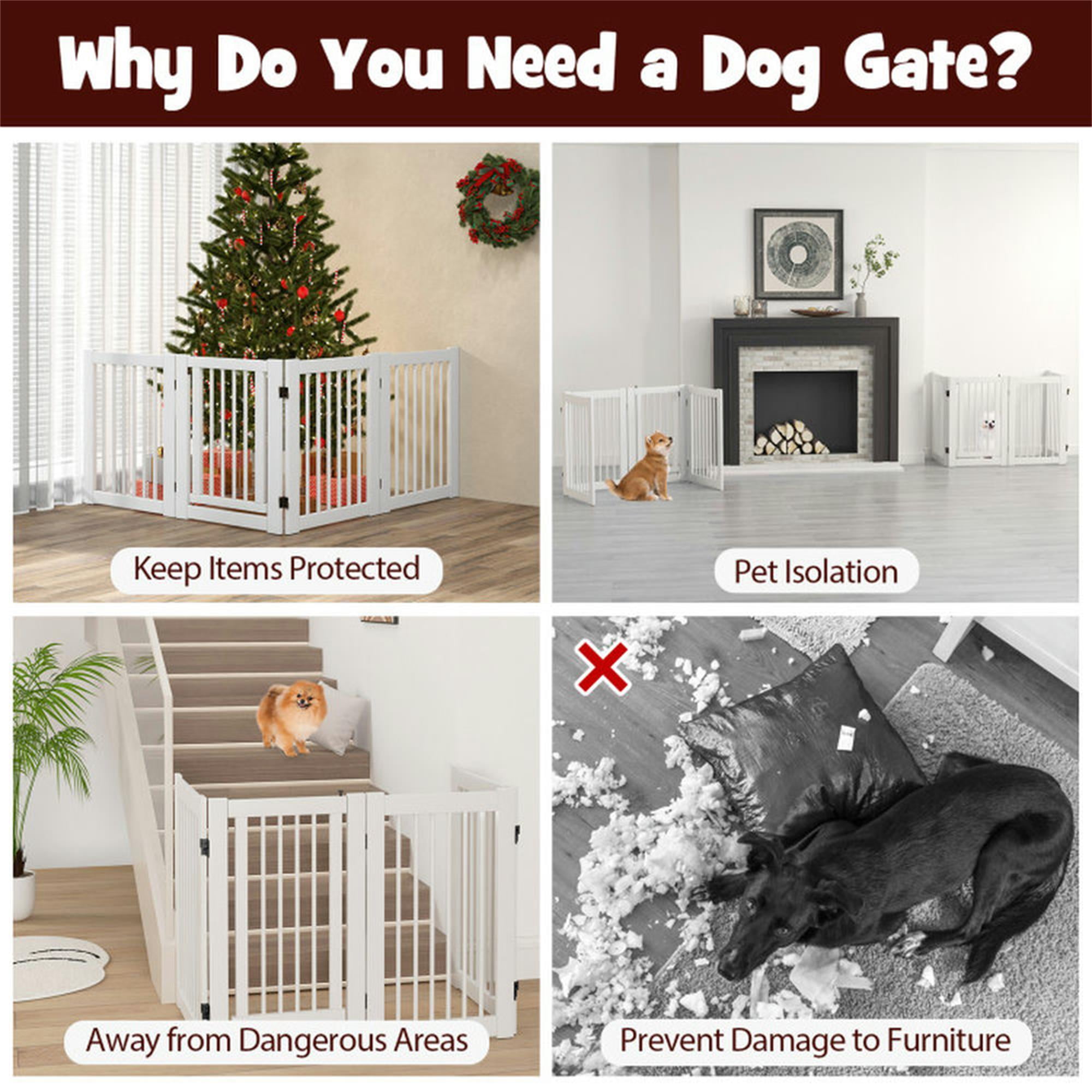 Pefilos 30" Tall 4-Panel Freestanding Pet Gate for Stairs, Folding Wood Dog Fence, White Pefilos 30" Tall 4-Panel Freestanding Pet Gate for Stairs, Folding Wood Dog Fence, White