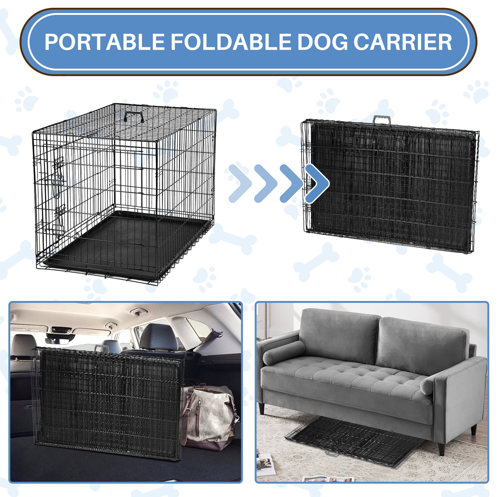 Dog Crate, 36" Folding Double-Door Metal Dog Cage with Divider and Leak-Proof Tray, Portable Pet Kennel for Medium Dogs, Indoor/Outdoor Use