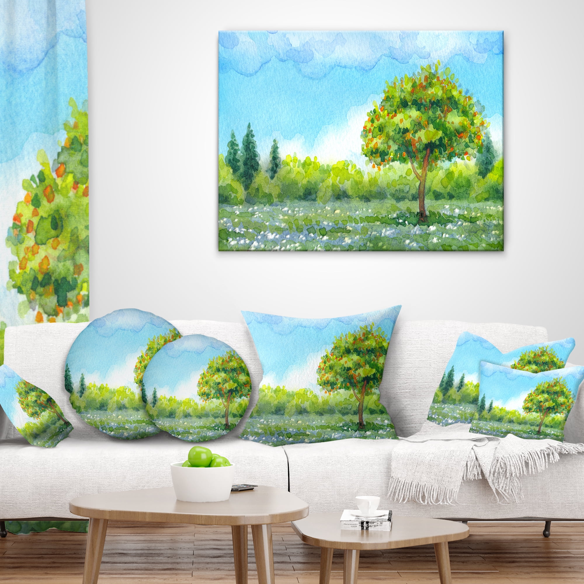 Designart Tree in Spring - Watercolor Painting Landscape Printed Throw Pillow - 16x16