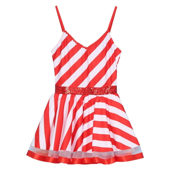 Aislor Womens Sequins Striped Tutu Dance Dress Figure Skating Christmas Candy Cane Costume Red XL