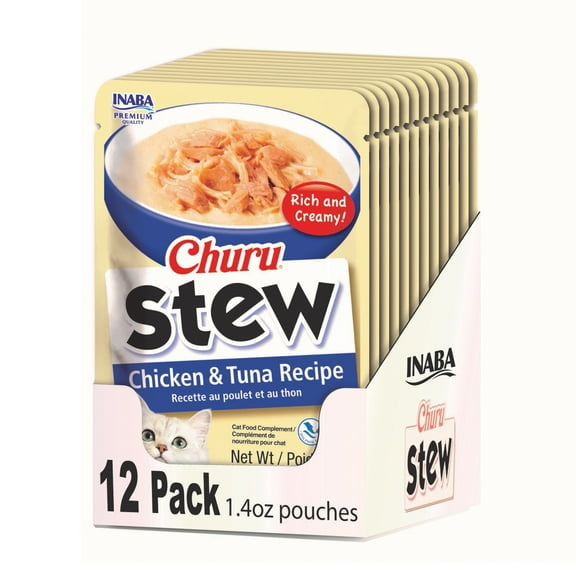 INABA Churu Stew Lickable Wet Cat Treats, 1.4 oz, 12 Servings, Chicken & Tuna