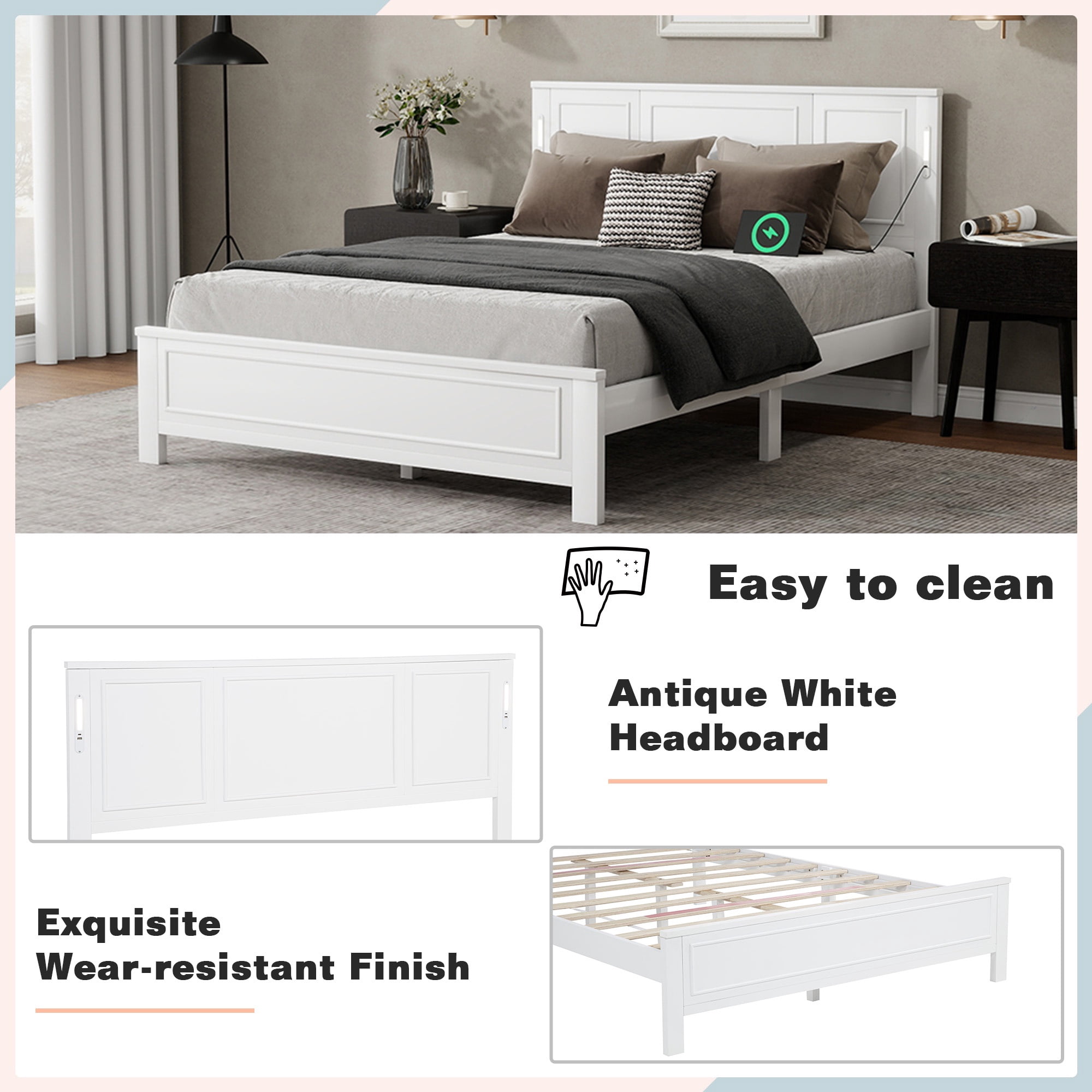 PORKISS Queen Size Platform Bed Frame with LED Lights, USB Charging Station, Solid Wood Queen Bed Frame with Headboard, Wooden Slat Support for Bedroom, White