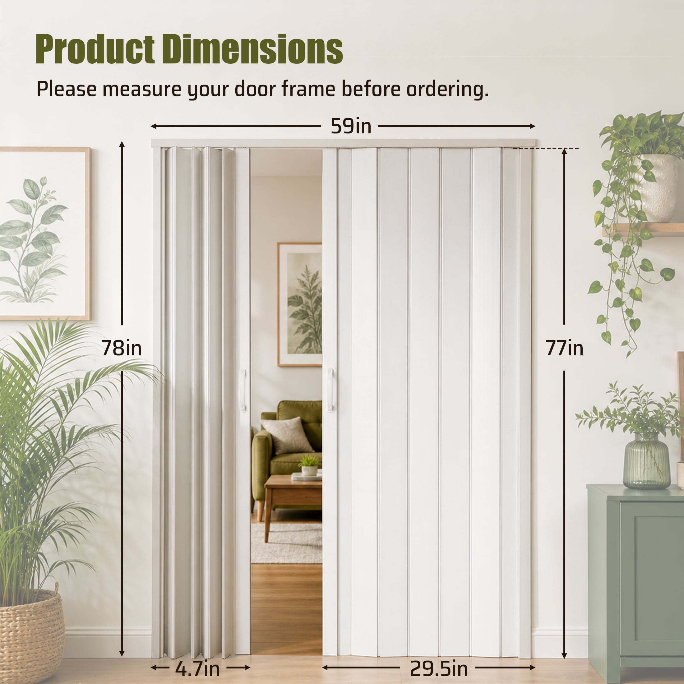 59x77-Inch PVC Accordion Folding Door with Double Opening and Quiet Rollers, Heavy Duty Room Divider and Closet Door for Bedroom Laundry Room, White
