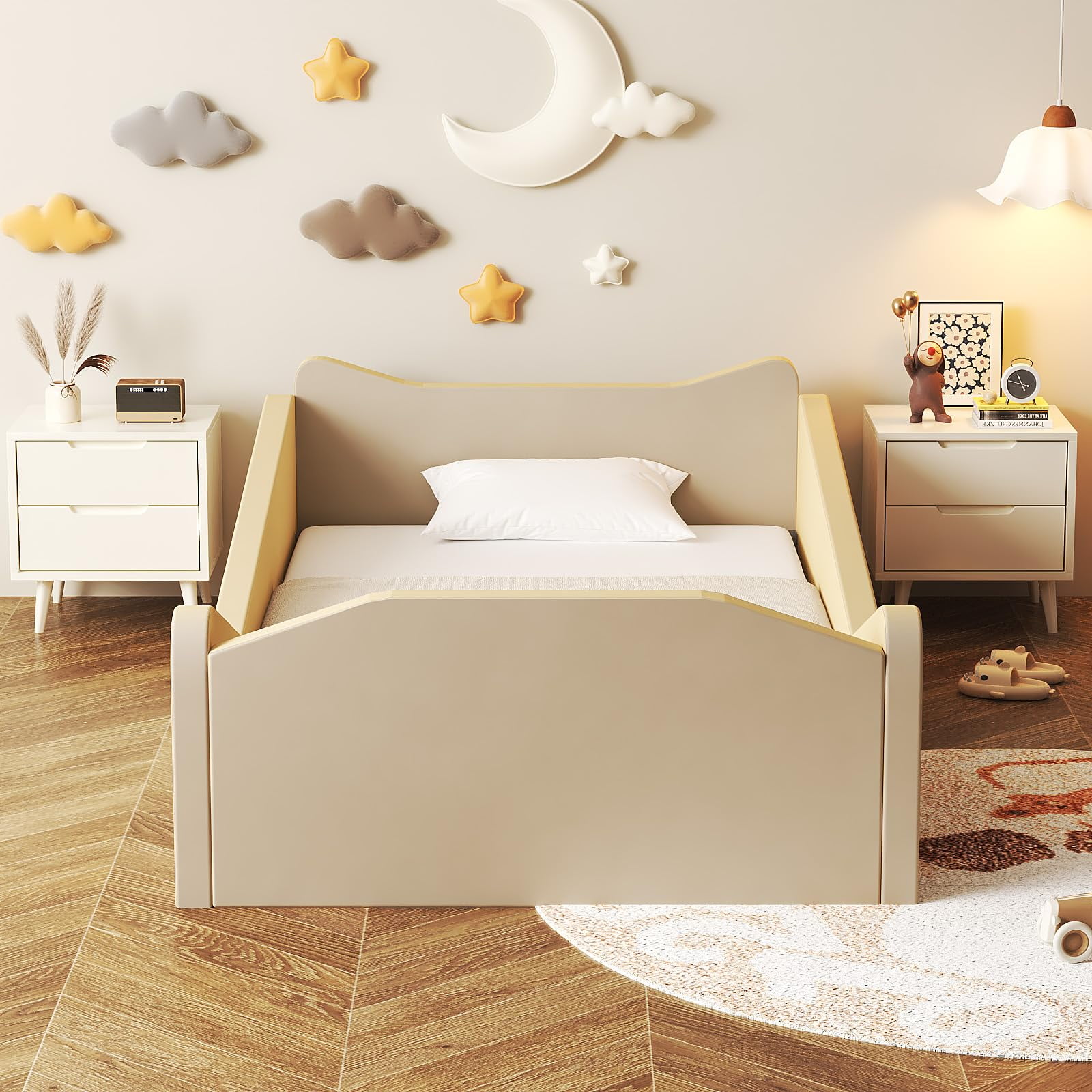 Zimtown Wood Bed, Floor Bed with Safety Guadrail, Montessori Bed with Soft Velvet Wood Bed, Mattress not Included (Beige)