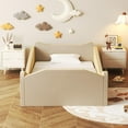 thumbnail image 3 of Zimtown Wood Bed, Floor Bed with Safety Guadrail, Montessori Bed with Soft Velvet Wood Bed, Mattress not Included (Beige), 3 of 8