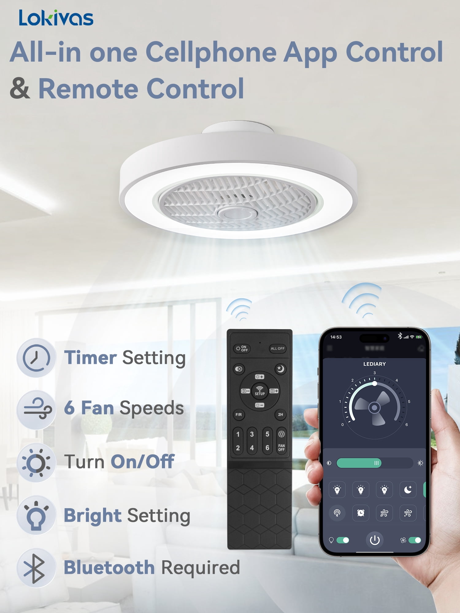 Lokivas 20in Modern Ceiling Fan with Light and Remote, Smart App Control, 6 Speeds, Low Profile with Quiet DC Motor for Living Room, Bedroom, White