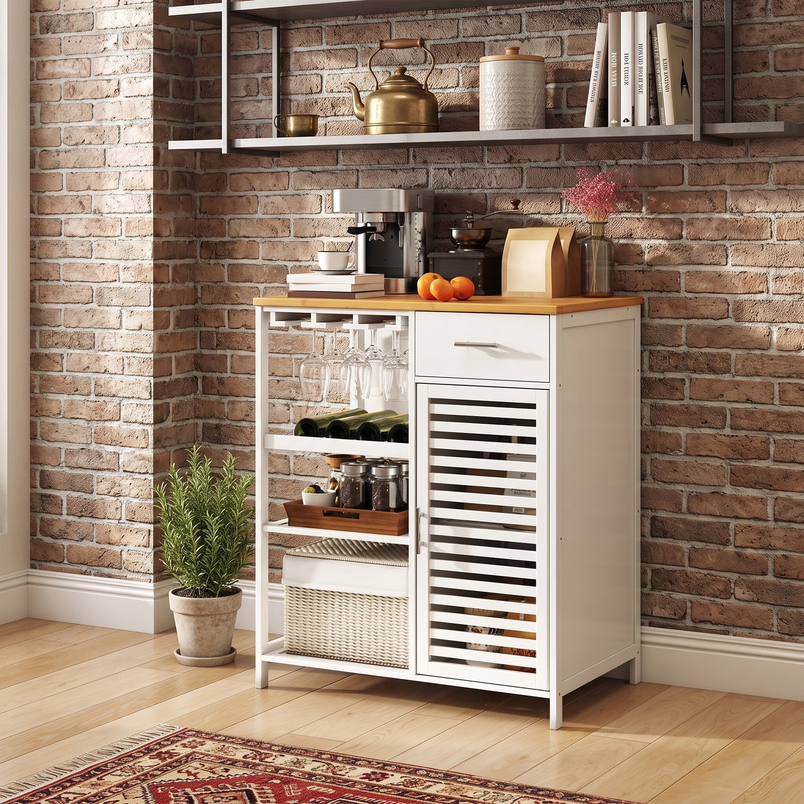 Furnibear Coffee Bar Cabinet with Wine Rack, Glass Holder and Bamboo Top, Farmhouse Buffet Sideboard Storage Cabinet with Drawer and Slatted Shelves for Kitchen, White