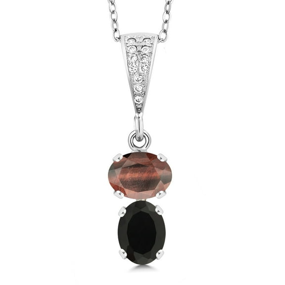 Gem Stone King 925 Sterling Silver Red Tiger Eye and Black Onyx Pendant Necklace for Women (2.92 Cttw, Gemstone, Oval 8x6MM, with 18 inch Chain)