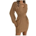 thumbnail image 3 of BiZtdJrK Women's Cable Knit Sweater Dress Cut Out Smocked Waist Long Sleeve Casual Sweaters Pencil Bodycon Mini Dresses Fall Winter Outfits Khaki S, 3 of 6