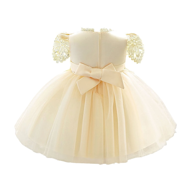 WEIWEN Flower Girl Dress for Wedding Baby Toddler Girls Lace Short Sleeve Embroidered 1st Birthday Party Graduation Ceremony Pageant Dresses Yellow, 6-9 Months