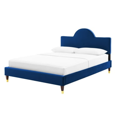 Platform Bed Frame, Queen Size, Blue Navy, Velvet, Modern Contemporary, Bedroom Master Guest Suite Room